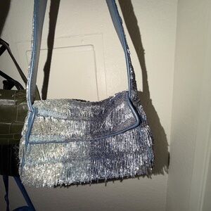 STAUD Blue and Silver Fringe Bag
